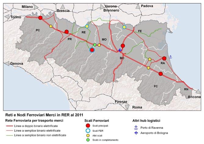 81 La rete ferroviaria regionale Il traffico ferroviario delle merci e i nodi logistici La regione Emilia-Romagna è