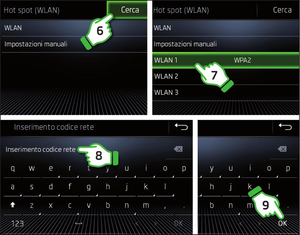 In Infotainment attivare la funzione WLAN, vedere passaggi da 1 a 5.