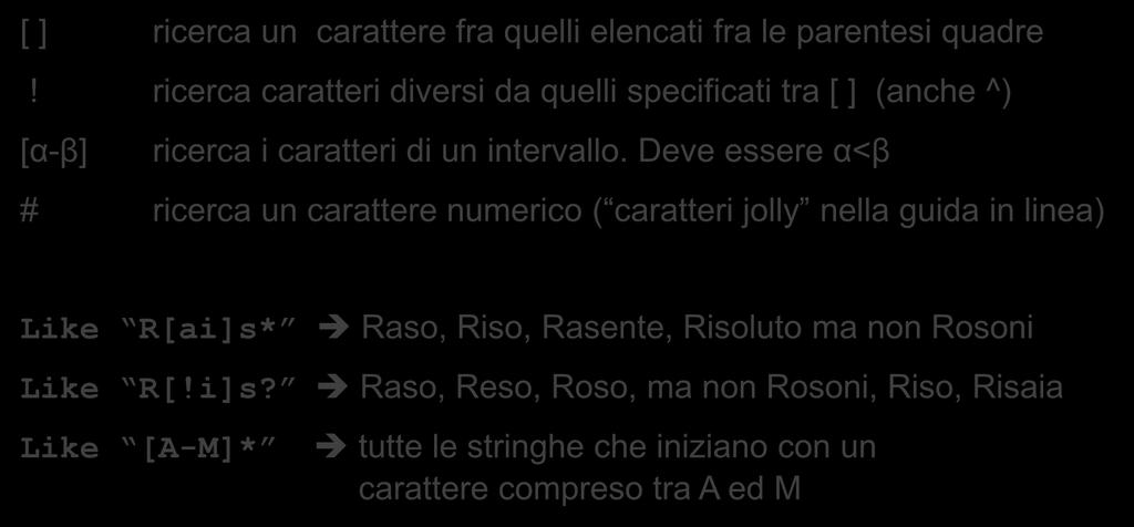 Deve essere α<β # ricerca un carattere numerico ( caratteri jolly nella guida in linea) Like R[ai]s*