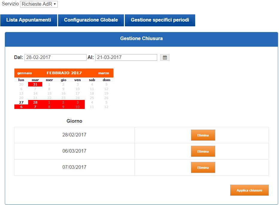 6.4 Gestine Chiusura Nella sezine Gestine Chiusura è pssibile cnfigurare i girni di chiusura.