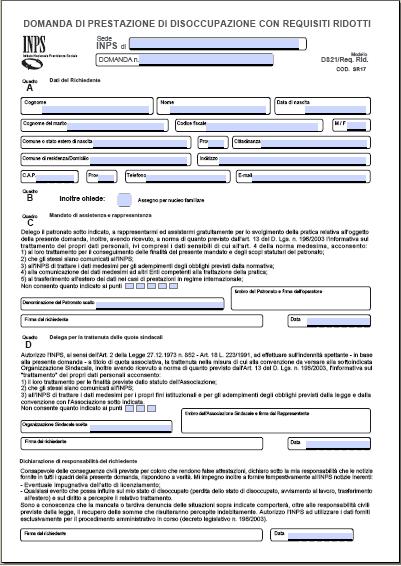 GESTIONE MODELLO DISOCCUPAZIONI CON REQUISITI RIDOTTI TIMBRO CAPIMED 3701 PAGINA 1 NELLA PARTE SUPERIORE - QUADRO A- DEL MODELLO DI DOMANDA DI PRESTAZIONE DI DISOCCUPAZIONE CON RERQUISITI RIDOTTI