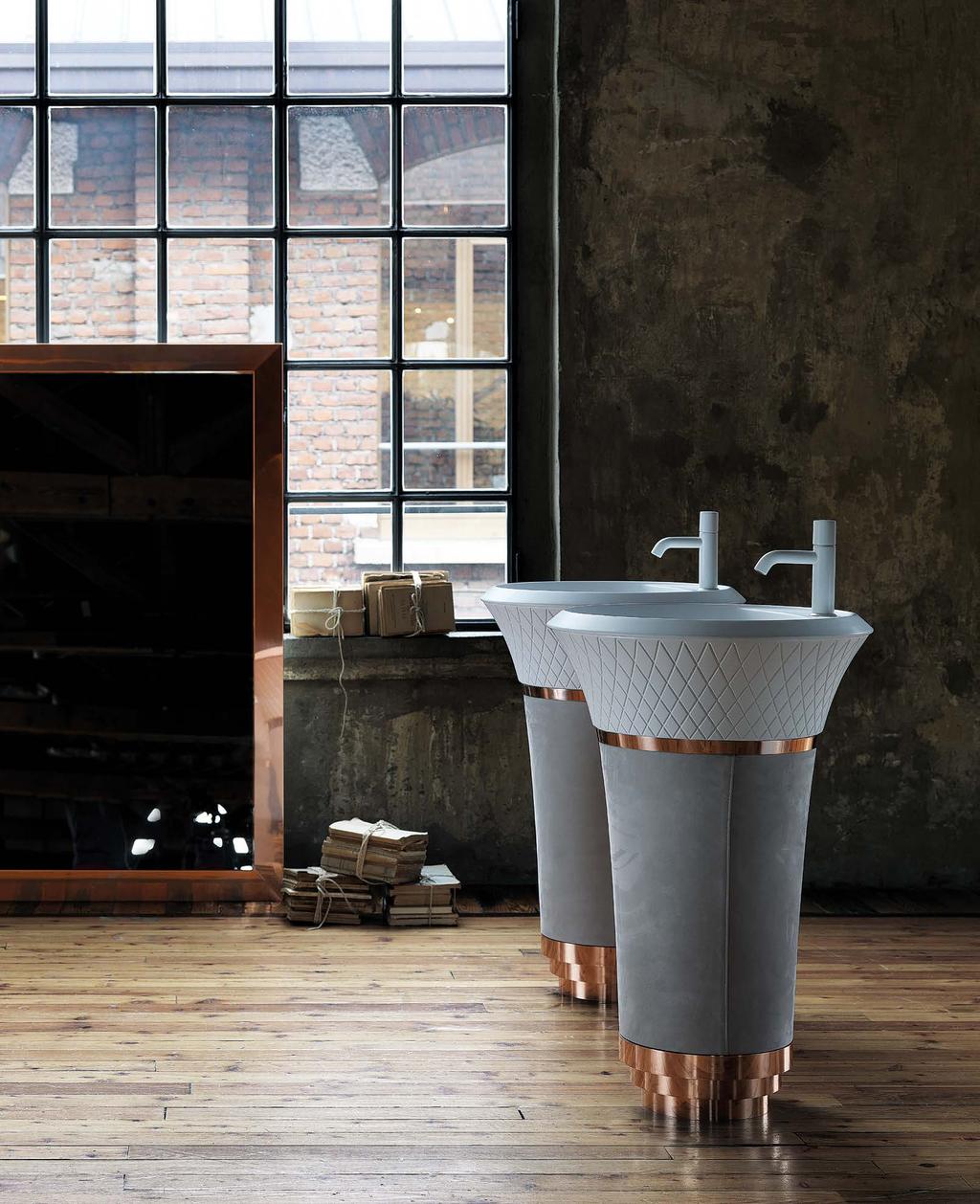 Lavabo George in abbinamento Ceramilux opaco, Rame Lucido e pelle Baxter Bo Hemian Kaki, specchiera George con cornice