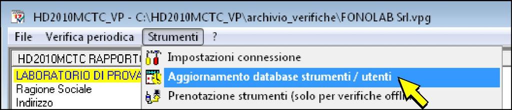 AGGIORNAMENTO DEL DATABASE Il software aggiorna automaticamente ogni due settimane il database con i dati delle tarature degli strumenti di riferimento e con l elenco dei tecnici abilitati.