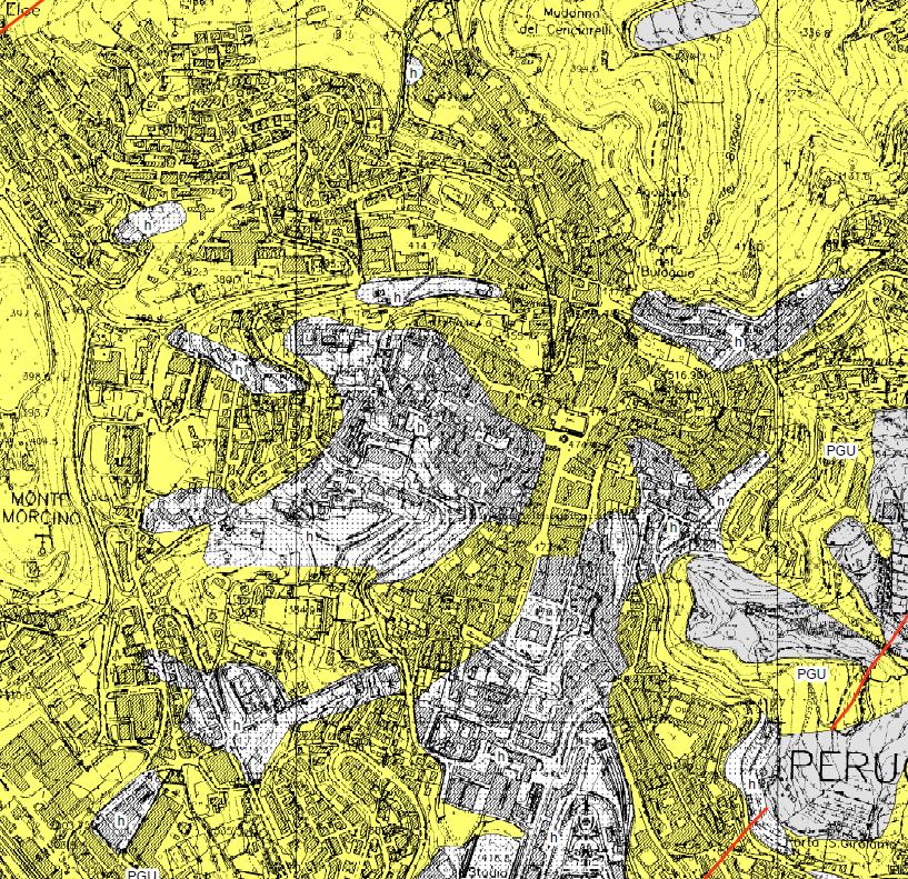 Seguono, in profondità, i sedimenti fluviali in posto, appartenenti al Sintema di Perugia PGU, del Pliocene superiore p.p. Pleistocene superiore p.p., costituiti prevalentemente da argille, limi argillosi, travertini e calcari micritici prevalenti, con rari livelli sabbiosi e ghiaiosi.