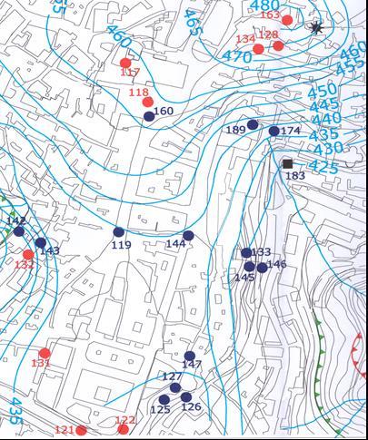 29 450 Isopiezze e quote relative Pozzi Piezometri Impluvi e corsi d acqua Zona Mercato Coperto I livelli piezometrici della zona compresa tra la Chiesa di Sant Ercolano sino a monte di Piazza