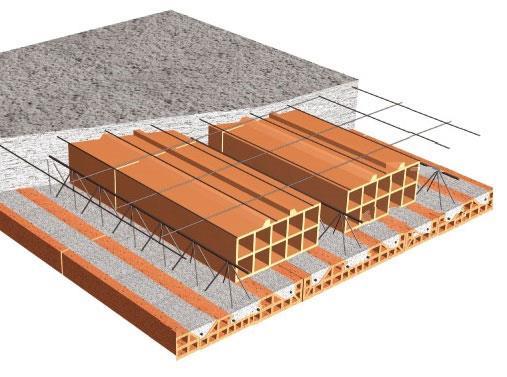 con travetto precompresso La seguente figura ci mostra un solaio con fondello, parzialmente gettato e traliccio di armatura: Solaio con fondello, parzialmente gettato e traliccio di armatura Solai