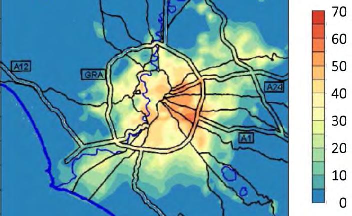 Figura 5 Distribuzione di PM 10 a Roma nel 2015 Attraverso i dati ARPA Lazio 2016, è stato possibile effettuare una valutazione sperimentale degli impatti del traffico sulle 13 stazioni di