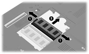 NOTA: Se lo slot del modulo di memoria di espansione è vuoto, ignorare il passo 9 e procedere al passo 10. a. Rilasciare i gancetti di fissaggio (1) sui due lati del modulo di memoria.