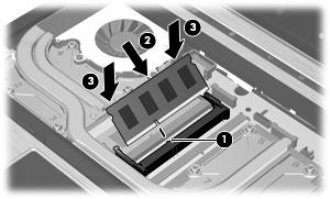 12. Per inserire un modulo di memoria, seguire le istruzioni riportate di seguito: a. Allineare l'estremità scanalata (1) del modulo con l'apposita sporgenza dello slot.