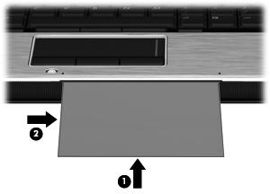 3. Inserire un biglietto da visita nell'apposito slot nella parte anteriore del computer (1) e spingere il biglietto verso destra (2) per centrarlo sotto la webcam.