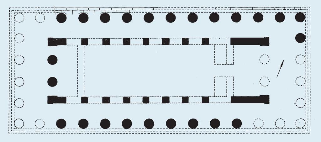 Il rapporto di 6 a 14 del colonnato diverrà canonico nei templi d Occidente come anche la disposizione simmetrica di pronao e opistodomo, a due colonne in antis, a coronamento della cella