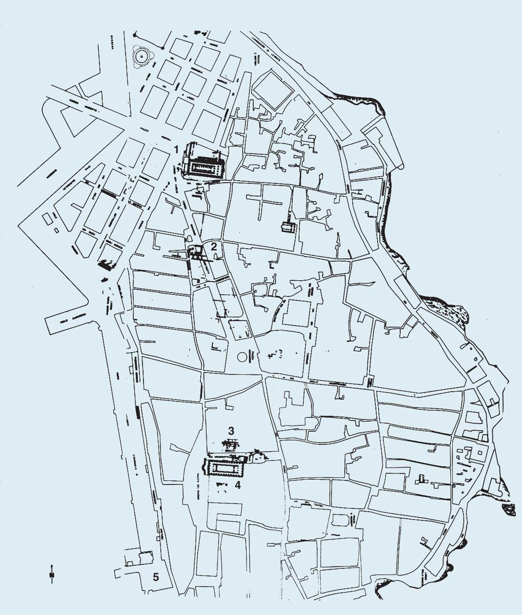 Fig. 4 Siracusa. Planimetria di Ortigia ai giorni nostri con indicazione topografica dei templi: 1. tempio di Apollo; 2. pretorio; 3. tempio ionico; 4. tempio di Atena; 5. fonte di Aretusa.