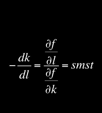 l + dk k dl = 0 dk dl = l k La pendenza dell isoquanto è quindi uguale al rapporto tra le produttività marginali, cioè il saggio marginale di sostituzione tecnica (smst).