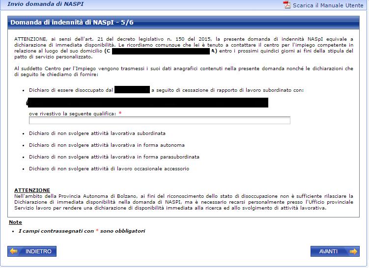 Figura 18 Servizio di NASpI: dati domanda 5/6 (Dichiarazione di immediata disponibilità) In questa pagina vengono riepilogati i dati della dichiarazione di immediata disponibilità che saranno