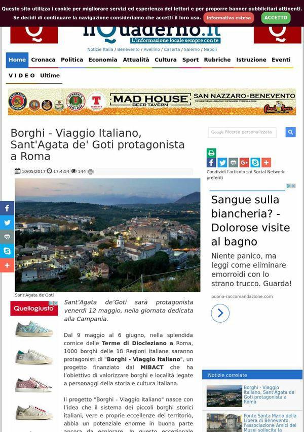 10 maggio 2017 Il Quaderno.it Borghi Viaggio Italiano, Sant' Agata de' Goti protagonista a Roma Sant' Agata de' Goti sarà protagonista venerdì 12 maggio, nella giornata dedicata alla Campania.