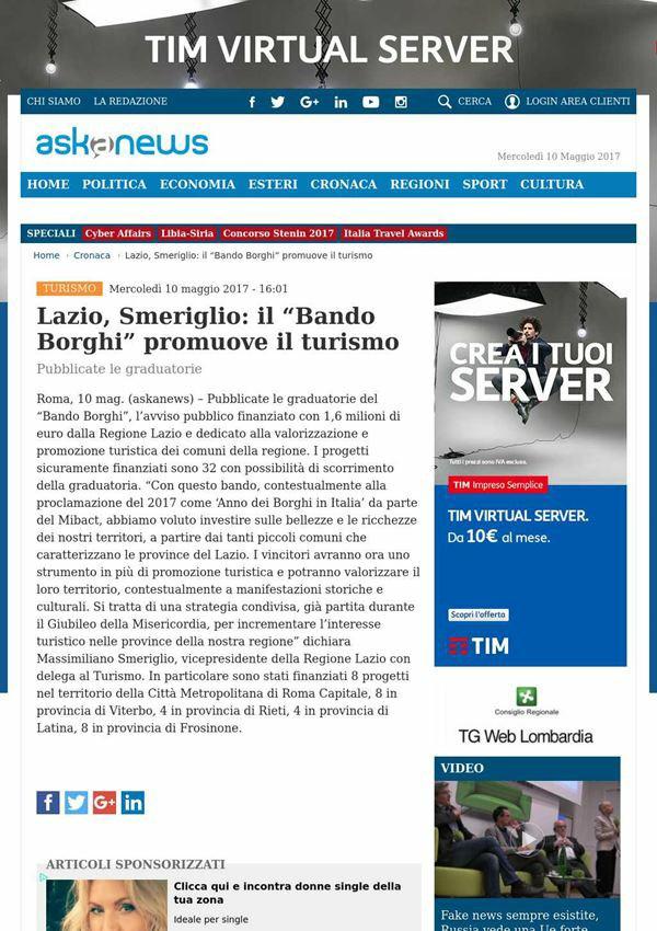 10 maggio 2017 Askanews Lazio, Smeriglio: il "Bando Borghi" promuove il turismo Pubblicate le graduatorie Roma, 10 mag.