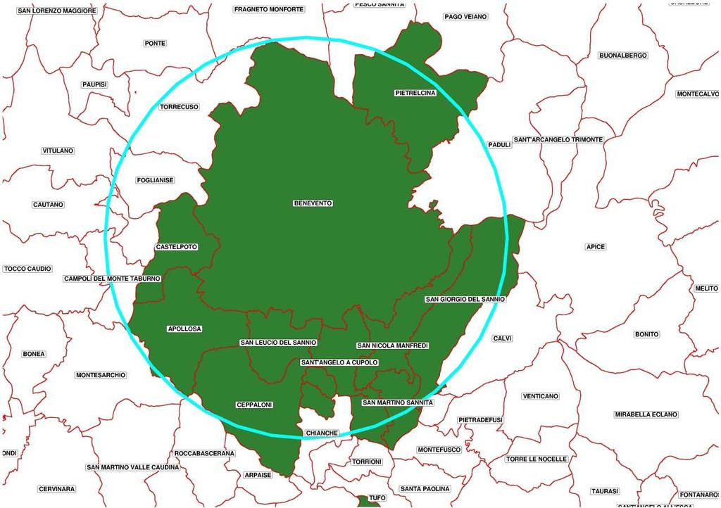 Figura 16 - Area urbana di Benevento ipotesi raggio vettore Tabella 18 - Comuni rientranti nell area urbana di Benevento Confini comunali inscritti nel raggio vettore - Benevento Codice ISTAT Nome