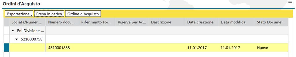 Prendere in carico l ordine Selezionando l ordine e cliccando sul pulsante Presa in carico appare una maschera in cui è possibile inserire nel campo Rif.