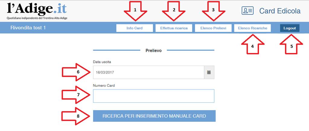 Una volta eseguito l accesso, viene mostrata la seguente pagina che permette di: 1) Aprire la pagina INFO CARD che permette di avere informazioni sullo stato di una CARD, senza eseguire operazioni su