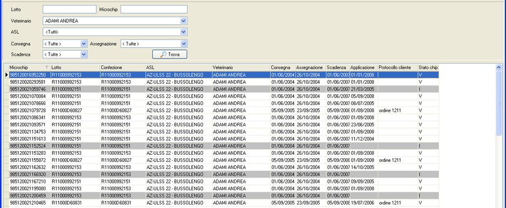 Stato lotti Permette di visualizzare i dati relativi ai microchip ed ai lotti presenti in anagrafe, è possibile attivare la ricerca secondo diversi criteri.