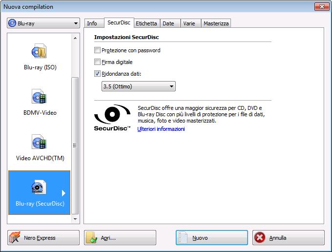 Disco dati Per compilare un disco SecurDisc, procedere come segue: 1. Selezionare il formato disco desiderato (CD, DVD, Blu-ray) dal menu a discesa nella finestra Nuova Compilation.