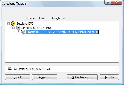 Disco dati 1. Inserire il disco dati nell'unità. 2. Selezionare il menu Extra > Salva traccia dati. Viene visualizzata la finestra Seleziona traccia.