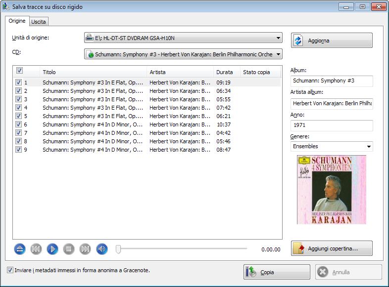 CD audio e file audio 4.4.1.1 Scheda Origine La scheda Origine visualizza i file audio presenti sul CD audio. Le funzioni dei pulsanti corrispondono a quelle consuete dei lettori CD.