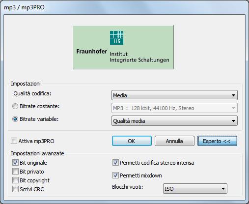 CD audio e file audio codifica (minima/più veloce) o alla qualità psicoacustica della codifica per ottenere i migliori risultati (massima/più lento).