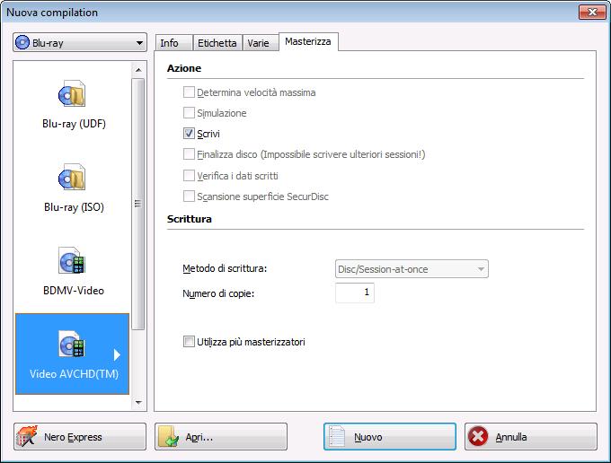 Video Nero Burning ROM non consente di convertire file video su DVD-Video, video AVCHD o BDMV-Video.