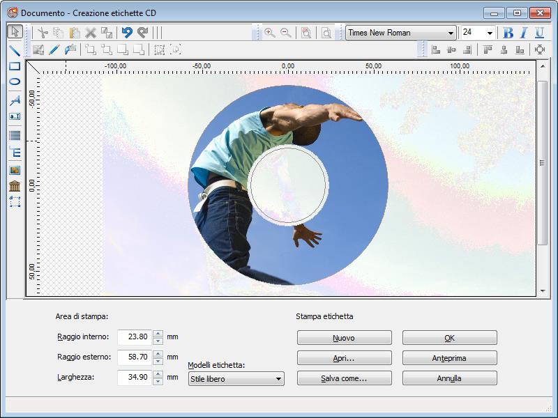 LightScribe Finestra Creazione Etichette CD - Documento Sono disponibili le seguenti opzioni di configurazione: Raggio interno Raggio esterno Larghezza Modelli etichetta Nuovo Apri Salva con nome OK