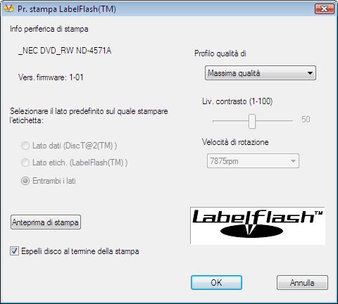 Labelflash 4. Per modificare l'area in cui è stampata l'etichetta, modificare l'area di stampa di conseguenza utilizzando i campi di immissione Raggio interno e Larghezza. 5.