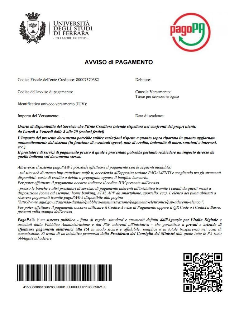 14 Se al punto 3 si opta per PagoPA con PDF, comparirà il seguente file pdf con un avviso di pagamento.