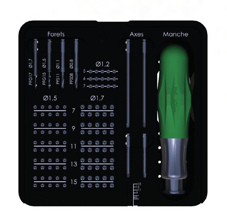 DESCRIZIONE DEL KIT Si compone di: un contenitore sterilizzabile in autoclave, un impugnatura da cacciavite. Le viti, le punte e gli assi sono a scelta.