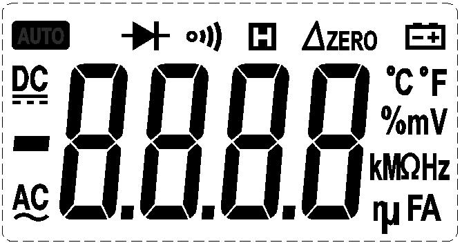 - Schermo LCD - Entrata VΩHz Porto positivo per la misurazione di tensione, diodo, resistenzaa, capacità, frequenza, test di continuità e misurazione della temperatura.