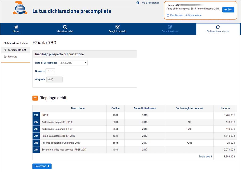 I versamenti con F24 Consultare le imposte da pagare: E possibile verificare la correttezza delle imposte a debito che risultano dal prospetto di liquidazione della dichiarazione, e