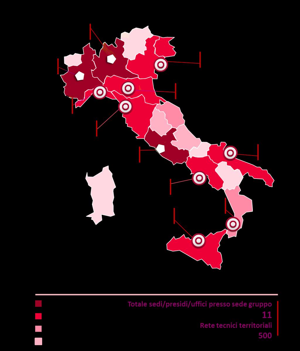 LA DISTRIBUZIONE TERRITORIALE Abaco garantisce repentinità d intervento su tutto il territorio grazie ad una struttura delineata a rete distribuita geograficamente: 2 uffici centrali (Milano e Roma)