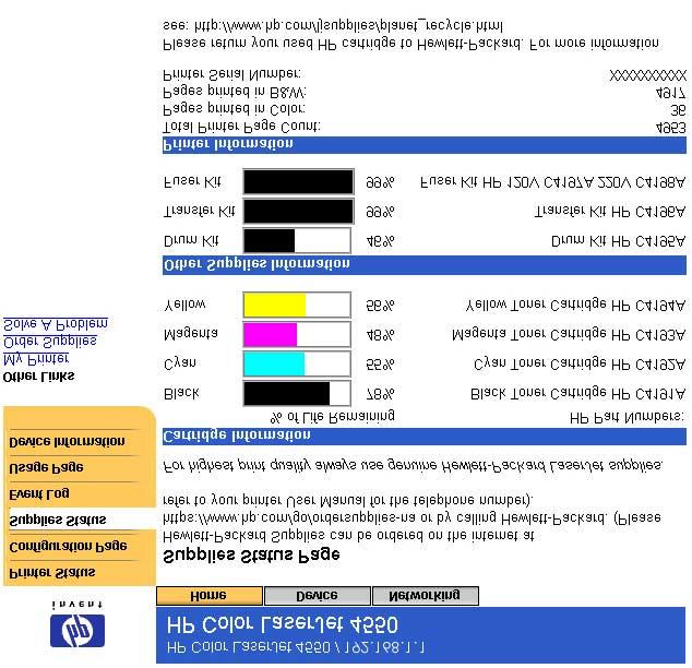 Pagina dello stato delle forniture La pagina sullo stato delle forniture indica la durata rimanente e il numero di catalogo HP di ciascun prodotto di consumo.