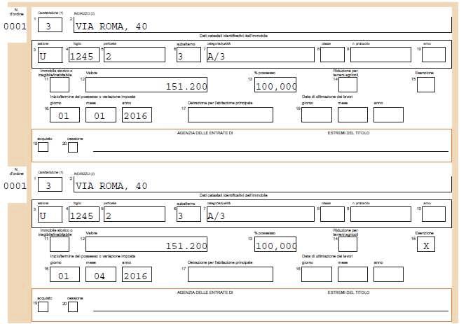 Prima dell'invio telematico in stampa venivano identificati gli immobili e periodi con la numerazione 1/1 e 1/2 per