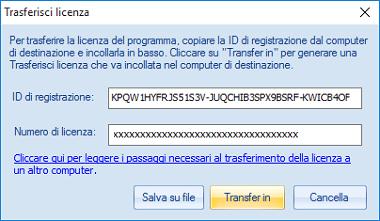 È anche possibile salvare il codice di licenza generato sul computer di partenza. Clicca il pulsante Salva su File per salvare l ID di registrazione e il codice di licenza.