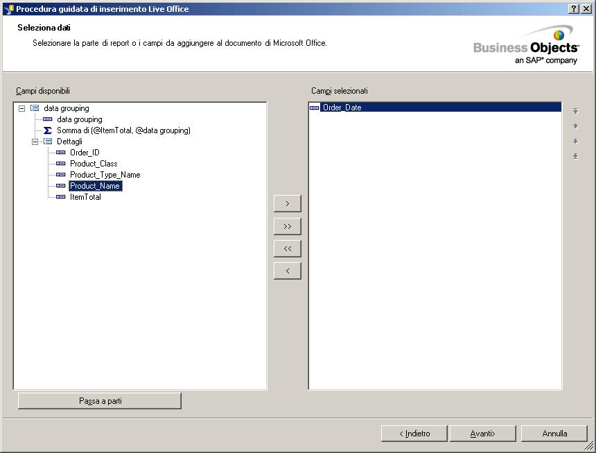 Utilizzo di contenuto Crystal Reports in Live Office 3 Inserimento di contenuto Crystal Reports Selezione dei campi come insiemi di dati In questo argomento viene illustrato come inserire i campi