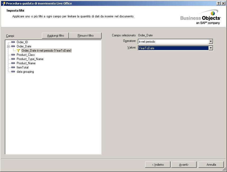 Utilizzo di contenuto Crystal Reports in Live Office 3 Inserimento di contenuto Crystal Reports Procedura per filtrare i dati 1.