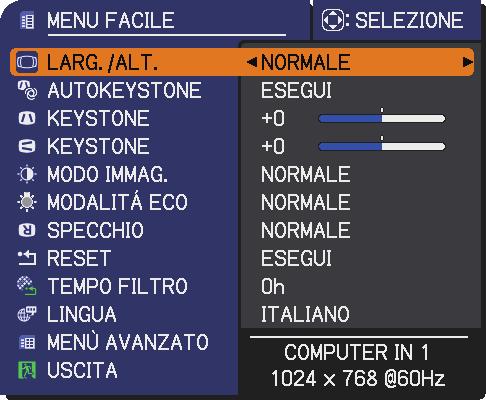 MENU FACILE MENU FACILE Dal MENU FACILE è possibile selezionare le voci elencate nella tabella qui sotto riportata. Selezionare una voce del menu mediante i cursori / del proiettore o del telecomando.