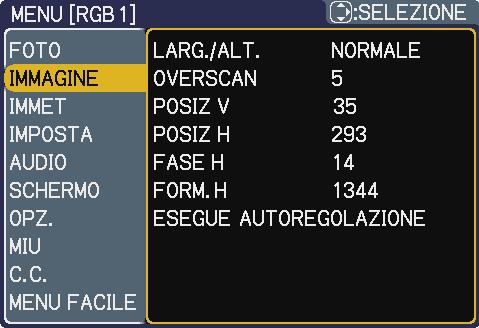 Menu IMMAGINE Menu IMMAGINE Il Menu IMMAGINE consente di selezionare le voci elencate nella tabella qui sotto riportata.