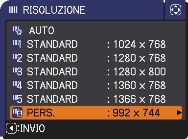 Si visualizza il dialogo RISOLUZIONE PERSONALIZ. Impostare le risoluzioni orizzontale (ORIZZ.) e verticale (VERT.) mediante i pulsanti / / /.