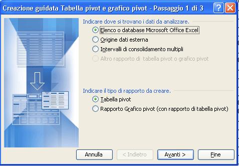 3 Scelta dell origine dei dati per la tabella pivot PASSO N 3: La finestra successiva riporterà la definizione dell area dati prescelta, non c è