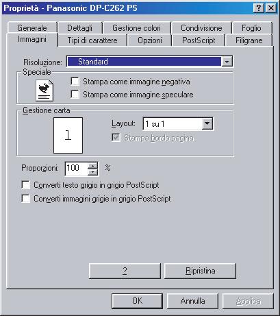 Scheda Immagini Nella scheda Immagini si configurano le impostazioni che determinano la qualità di stampa. Configurazione delle impostazioni del driver di stampa (per Windows 98/Me) 1 2 3 4 5 6 7 1.