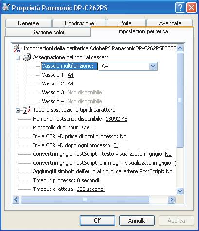 Impostazioni periferica La finestra di dialogo Impostazioni periferica include le impostazioni delle opzioni della stampante Panasonic.