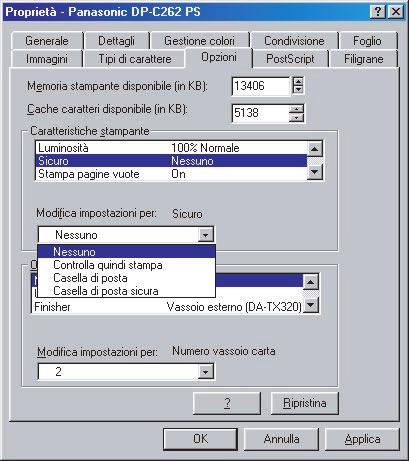 (per Windows 9x/Me) Nella scheda Opzioni periferica, selezionare Sicura nelle caratteristiche della stampante. Quindi è possibile selezionare Controlla quindi stampa, Mailbox o Mailbox sicura.