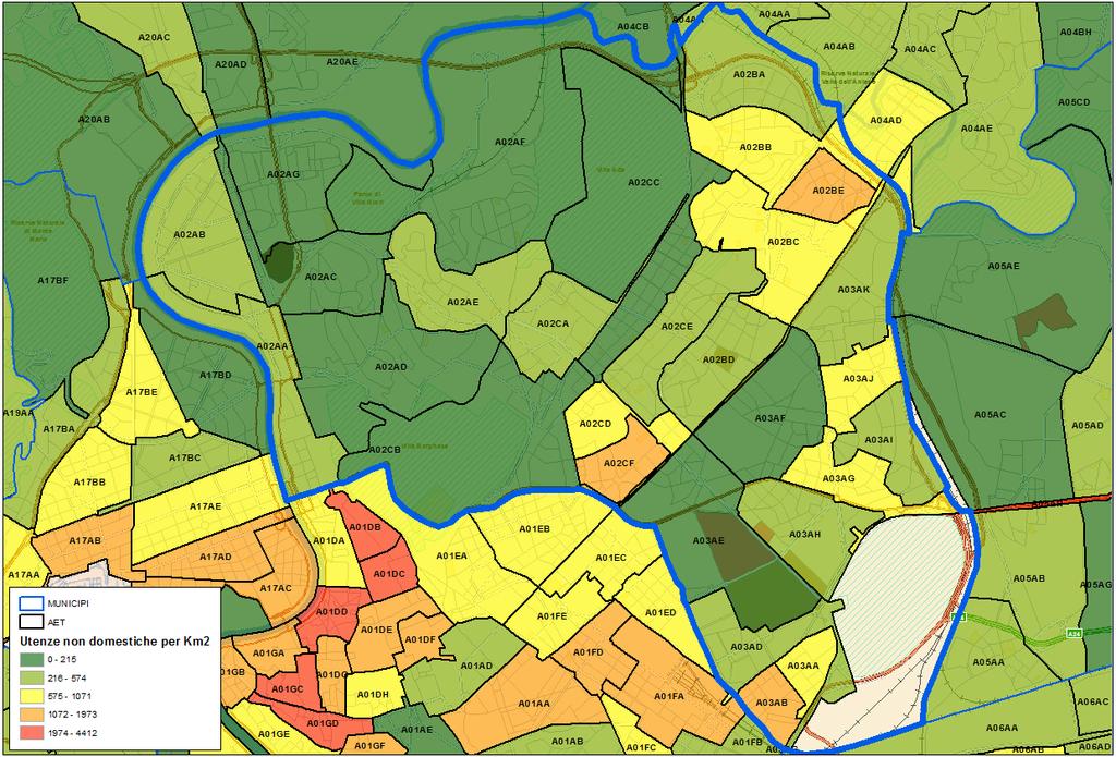 Domanda di Servizio Municipio II Distribuzione della densità delle utenze non domestiche Ta.Ri.