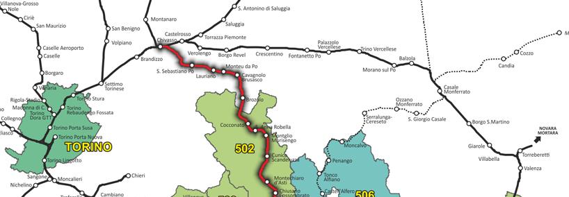 mappa, riguardano le zone di Moncalvo (R506) con il 19% delle relazioni, di Costigliole (R505) con il 15% e Torino con il 13%.